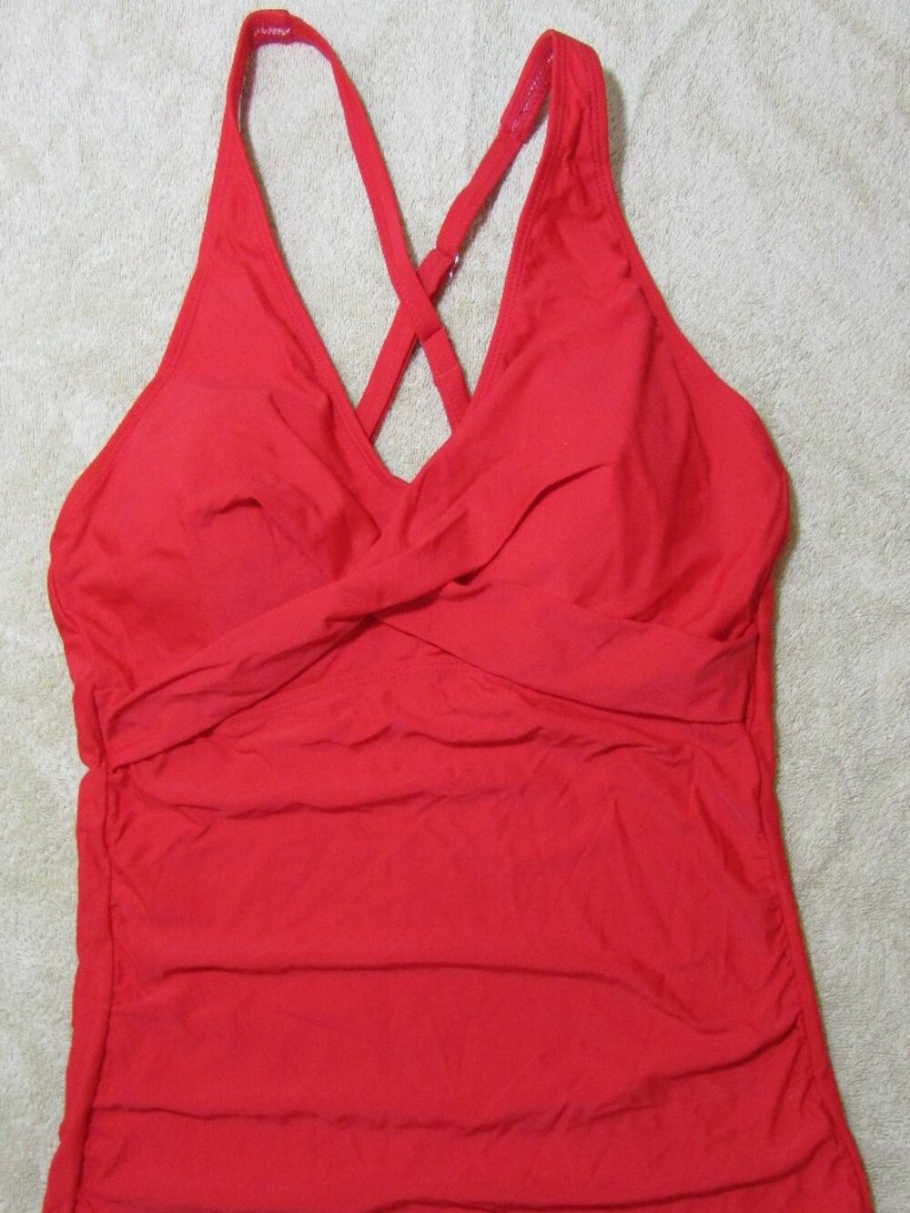 Yonique Twist Front Halter Swim Top Red Ruched Sides
